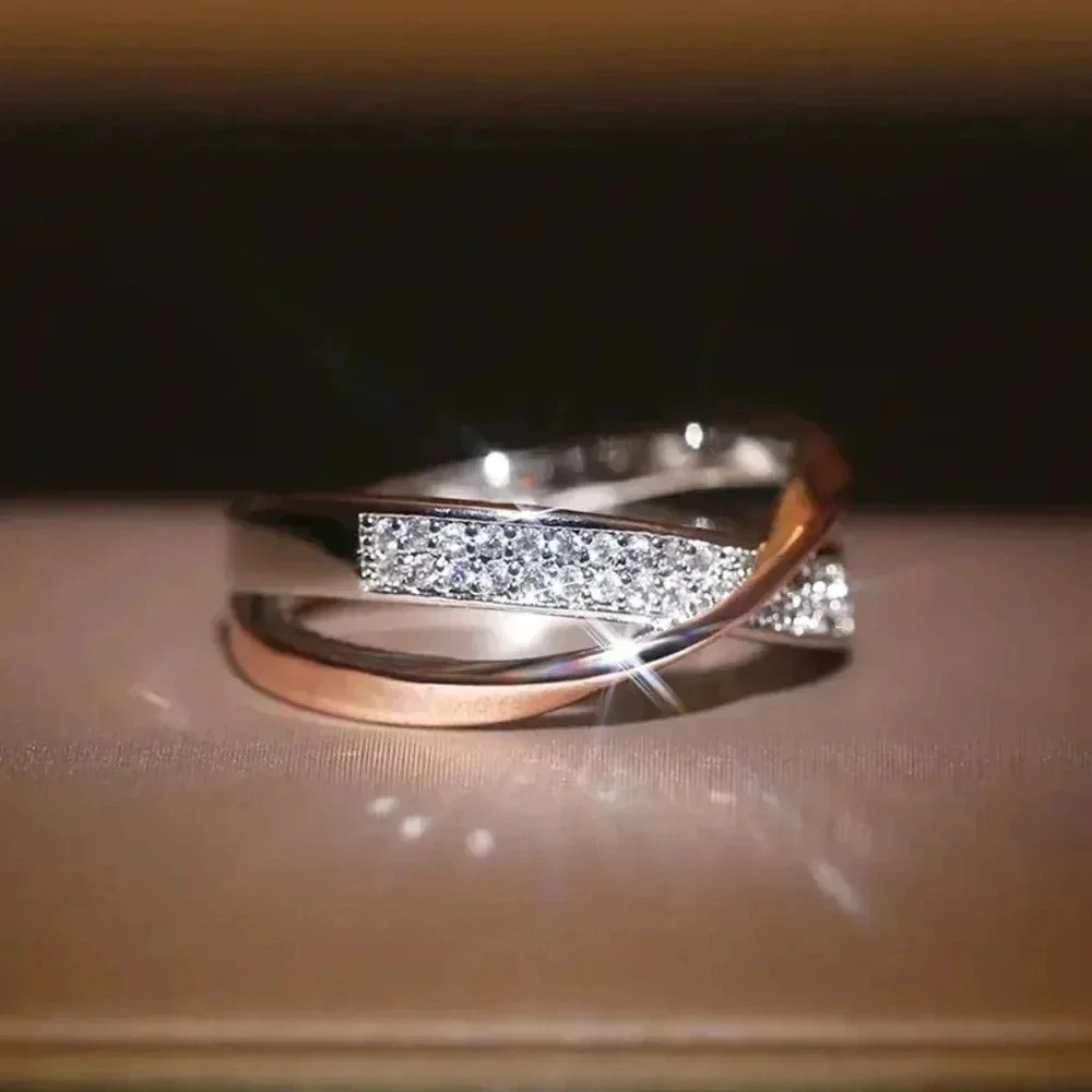 925 Silver Rose Gold Diamond Cross Ring Band
